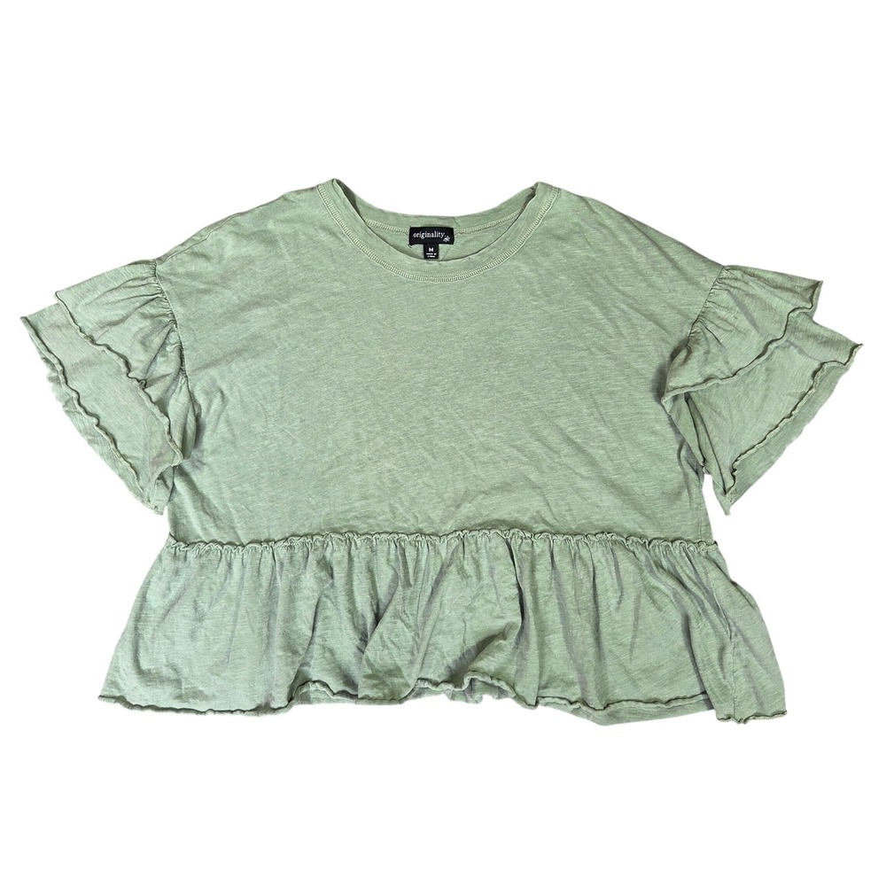 Originality Womens Sage Green Cotton Ruffle Tiered Sleeve Peplum Top Size M